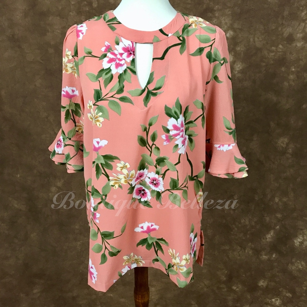 Floral Print Top w/Keyhole Cutout and Bell Sleeves